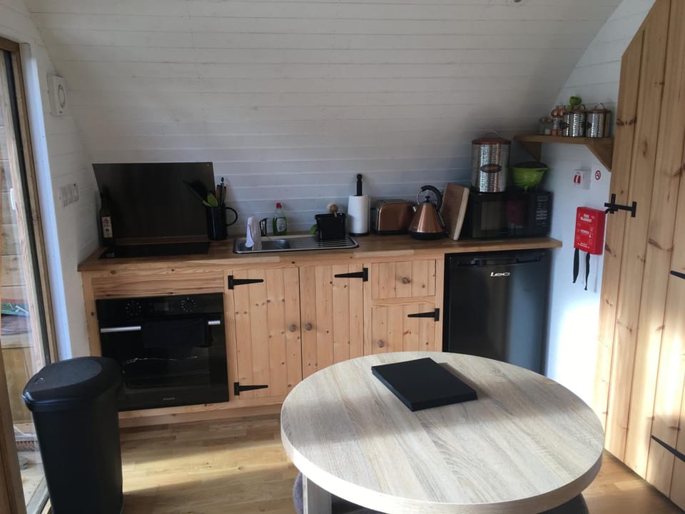 Fridge, stovetop, electric kettle, toaster