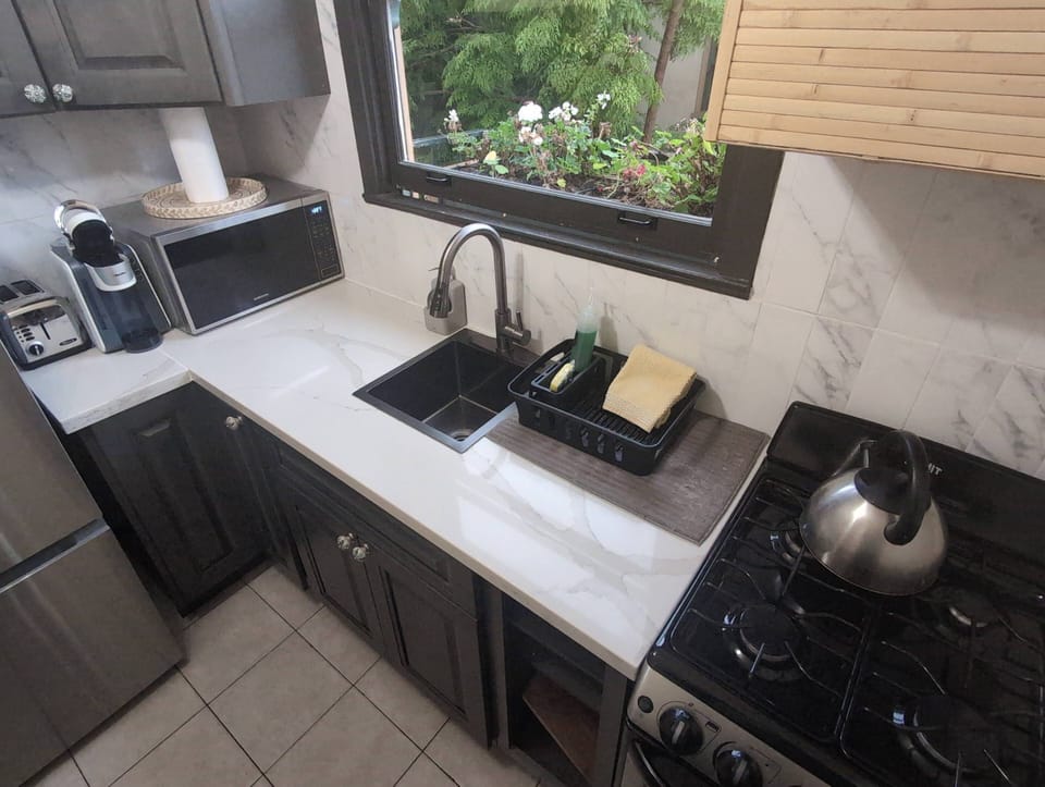 Street Facing Queen Studio (Dog Friendly) | Private kitchen | Fridge, microwave, coffee/tea maker, highchair