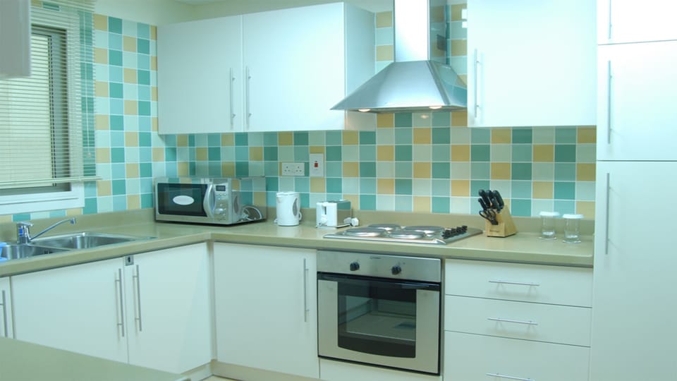 Fridge, microwave, stovetop, electric kettle