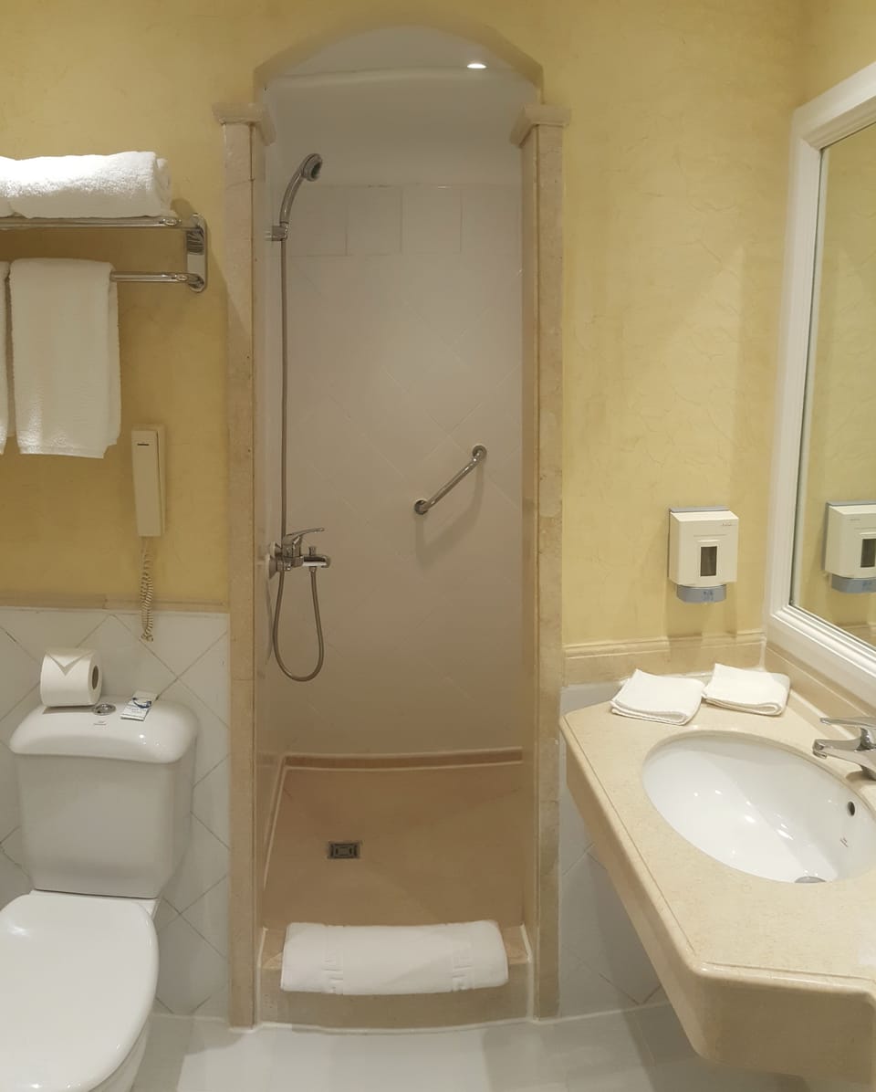 Shower, free toiletries, hair dryer, towels