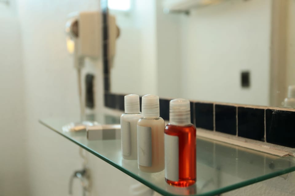 Shower, free toiletries, hair dryer, towels