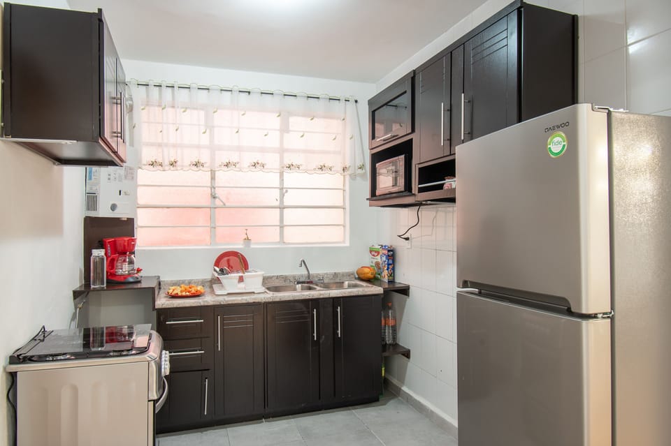 Fridge, microwave, coffee grinder, toaster oven