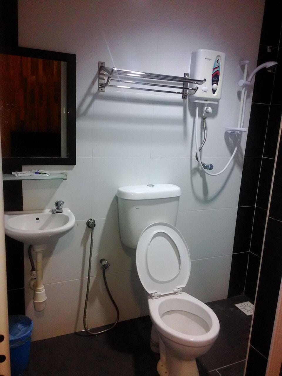 Shower, slippers, towels, soap