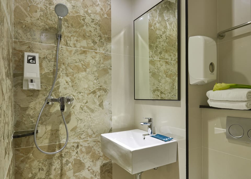 Shower, free toiletries, hair dryer, towels