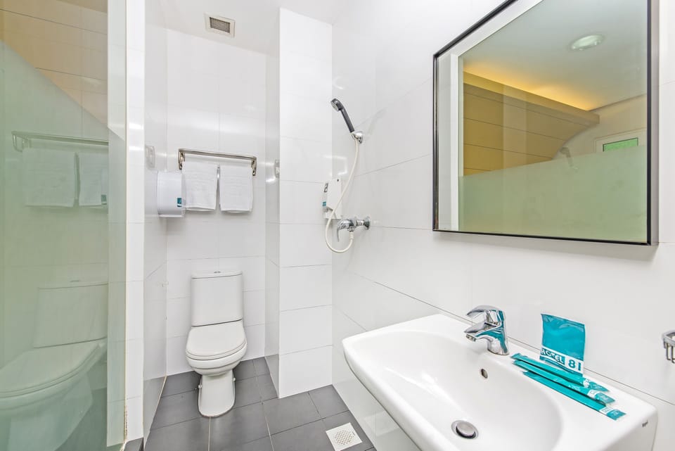 Shower, free toiletries, hair dryer, towels