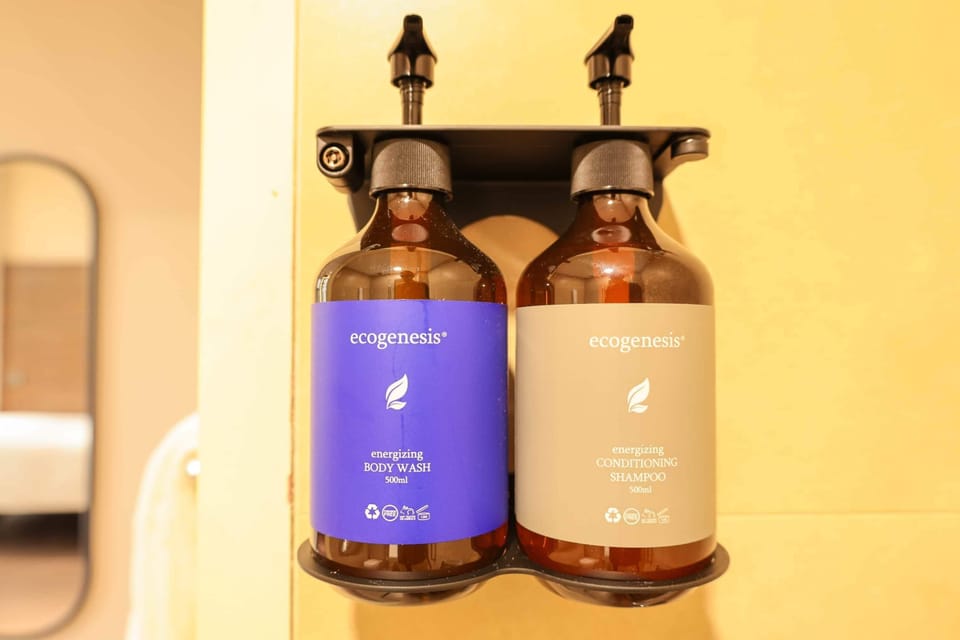 Shower, free toiletries, hair dryer, towels