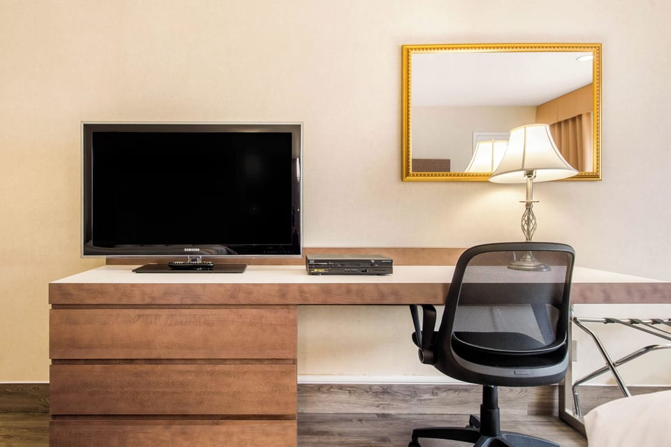 Hypo-allergenic bedding, desk, laptop workspace, blackout drapes