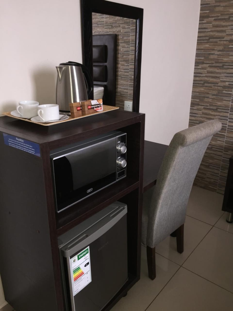 Fridge, microwave, electric kettle