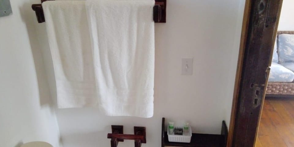 Shower, free toiletries, towels, soap