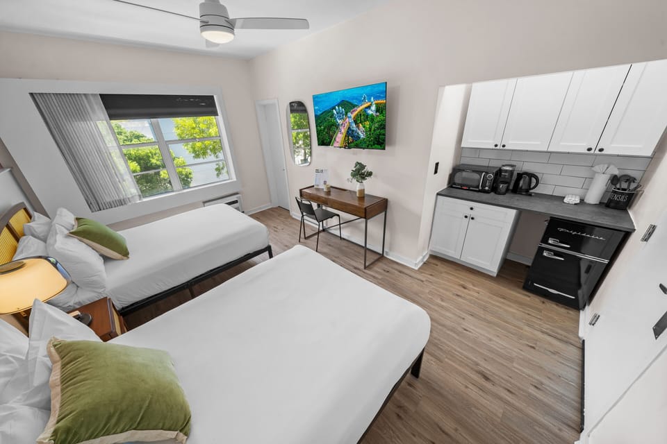 Deluxe Two Queen Beds w/ Kitchenette | Premium bedding, down comforters, in-room safe, desk