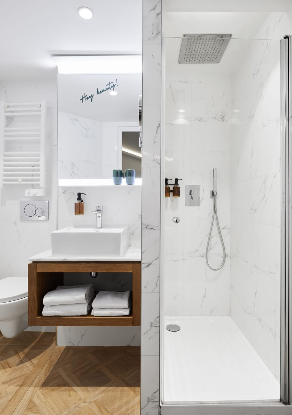 Shower, free toiletries, hair dryer, towels