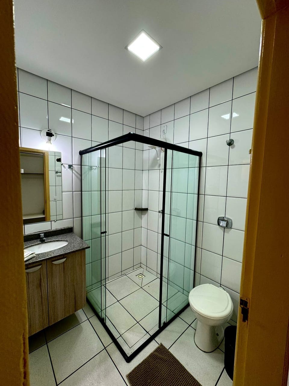 Shower, towels, soap, toilet paper