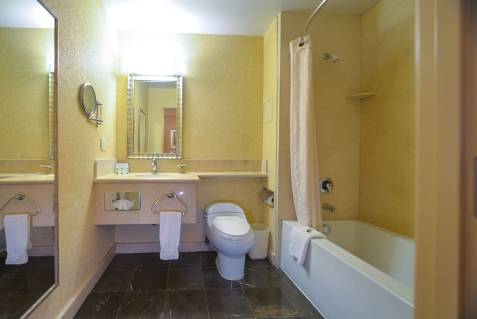 Combined shower/tub, free toiletries, hair dryer, towels