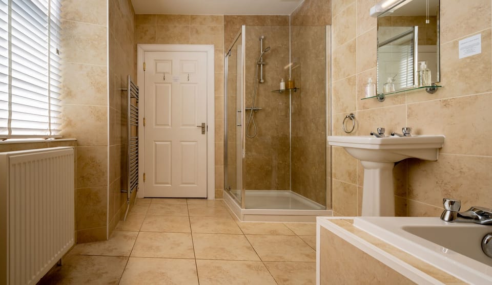 Combined shower/tub, free toiletries, hair dryer, towels