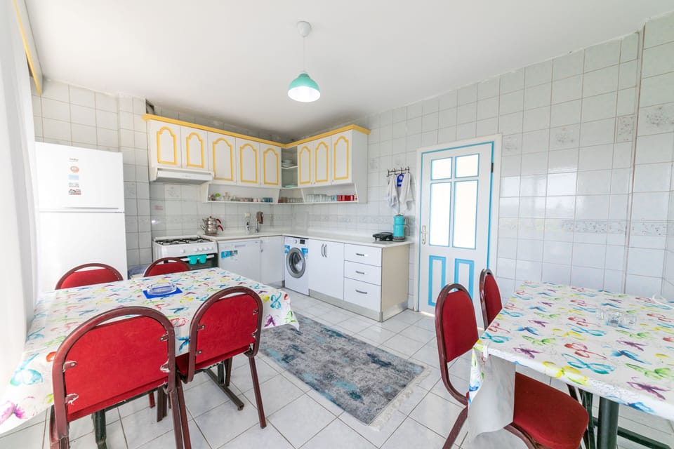 Fridge, oven, dishwasher, cookware/dishes/utensils