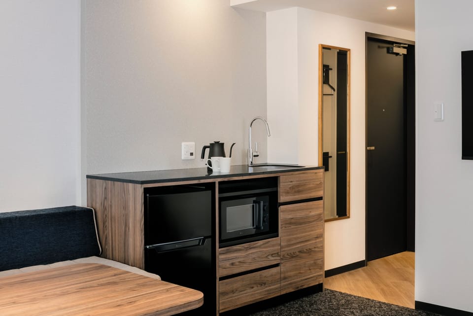 Fridge, microwave, electric kettle