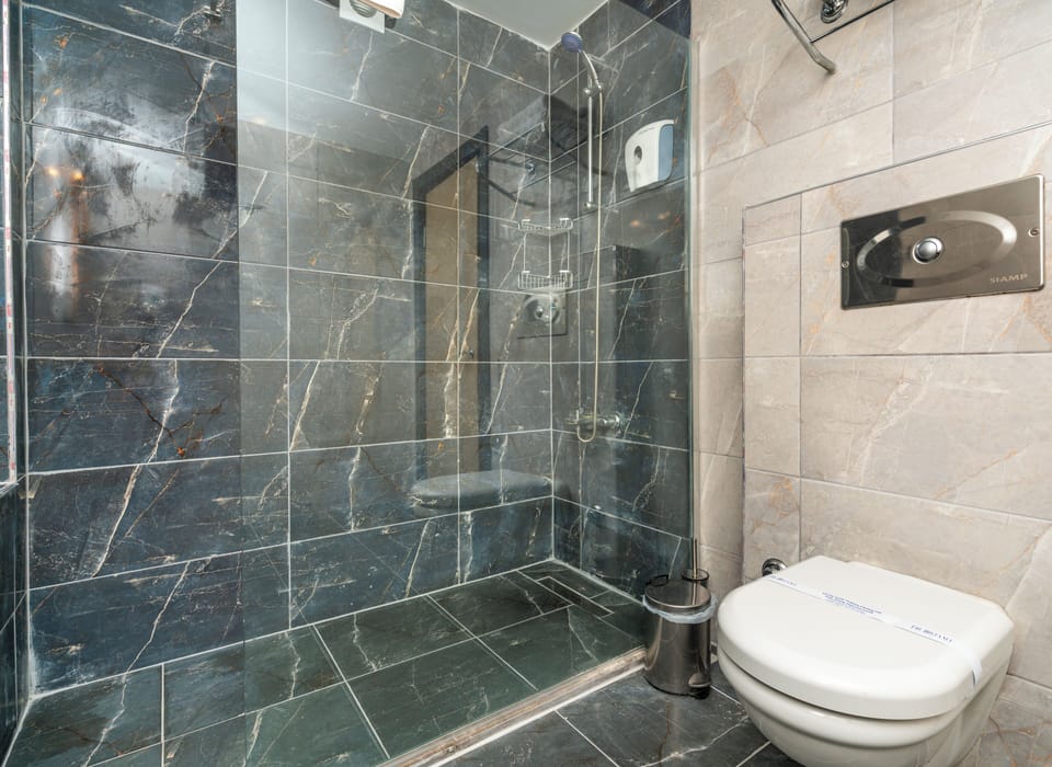 Shower, rainfall showerhead, free toiletries, hair dryer