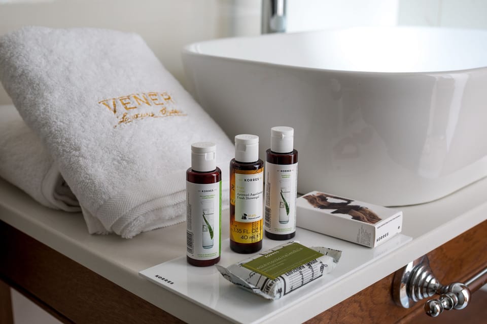 Shower, hydromassage showerhead, designer toiletries, hair dryer