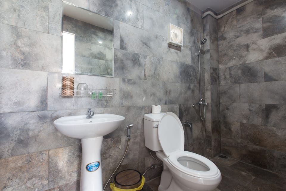Shower, rainfall showerhead, hair dryer, slippers