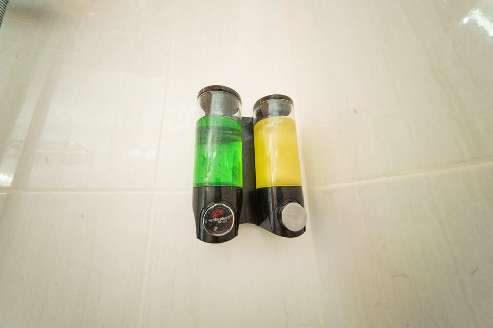 Shower, free toiletries, bidet, towels