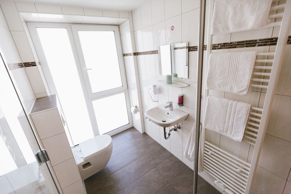 Shower, free toiletries, hair dryer, slippers