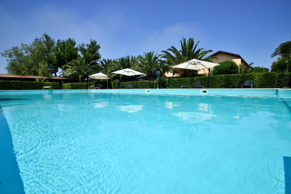 Outdoor pool, pool umbrellas, sun loungers