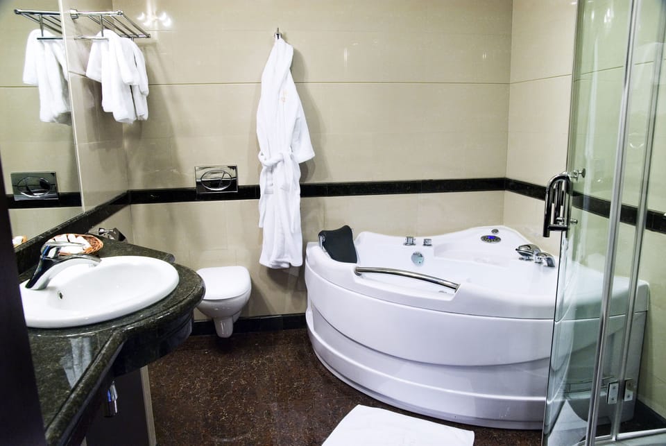 Shower, free toiletries, hair dryer, bathrobes