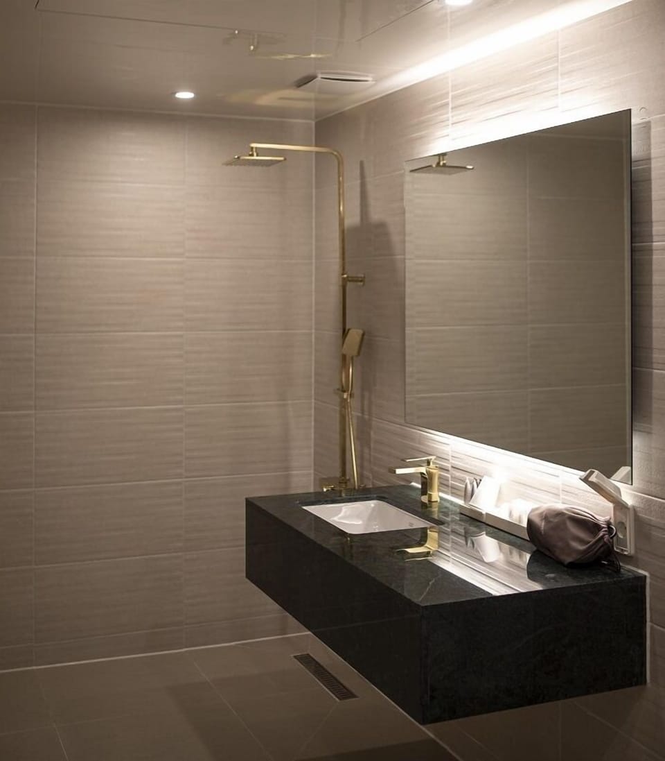 Combined shower/tub, free toiletries, hair dryer, bathrobes