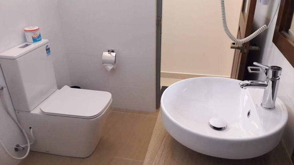 Shower, rainfall showerhead, bidet, towels