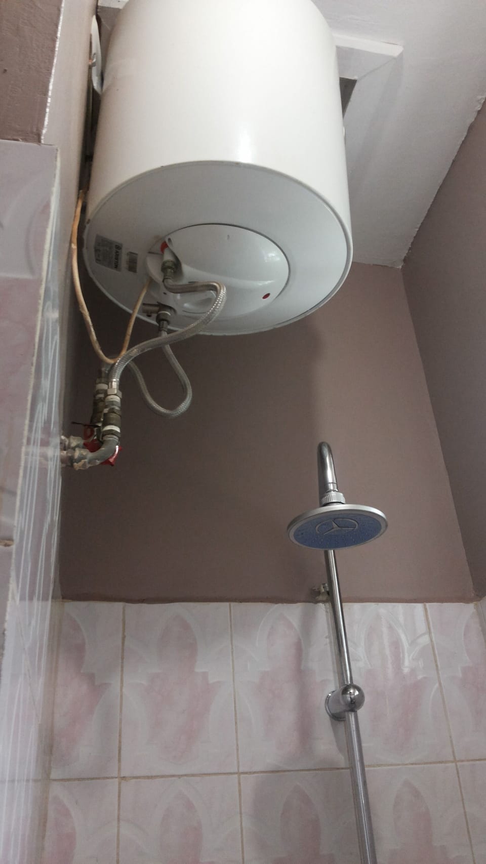 Shower, slippers, towels, soap