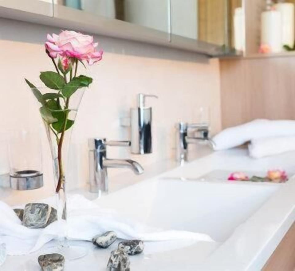 Shower, designer toiletries, hair dryer, bathrobes