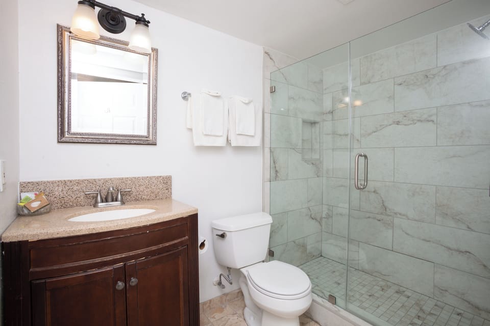 Shower, towels, soap, shampoo