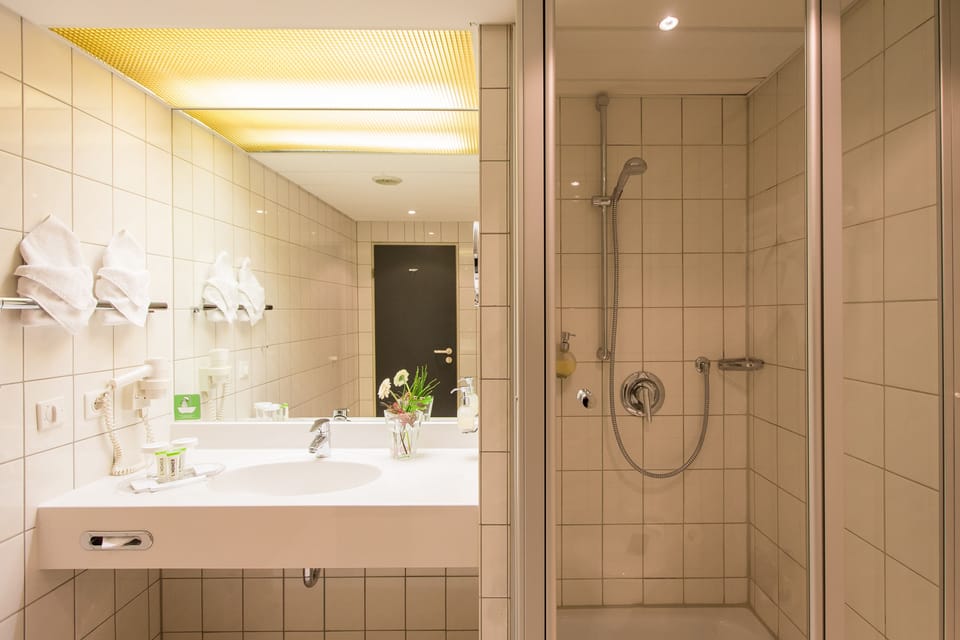 Combined shower/tub, eco-friendly toiletries, hair dryer, towels