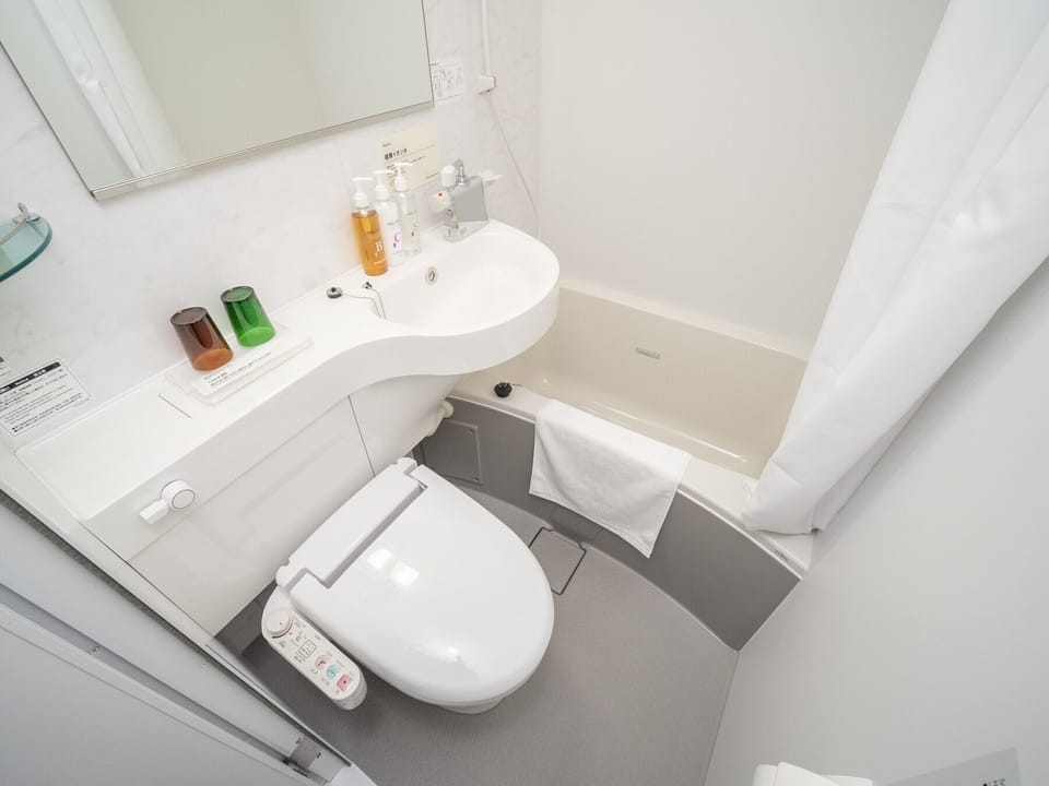 Combined shower/tub, free toiletries, hair dryer, slippers