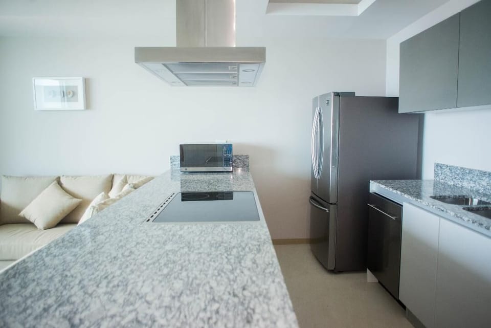Panoramic Apartment, 2 Bedrooms, Terrace, Ocean View | Private kitchen | Full-size fridge, microwave, oven, stovetop