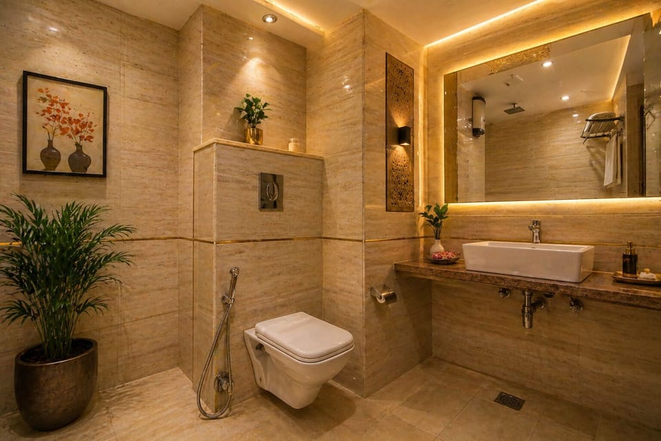 Shower, free toiletries, hair dryer, slippers