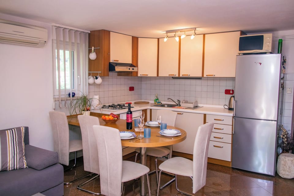 Apartment (A1) | Private kitchen | Fridge, microwave, oven, stovetop