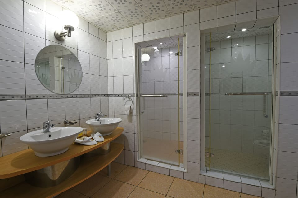 Shower, free toiletries, slippers, towels
