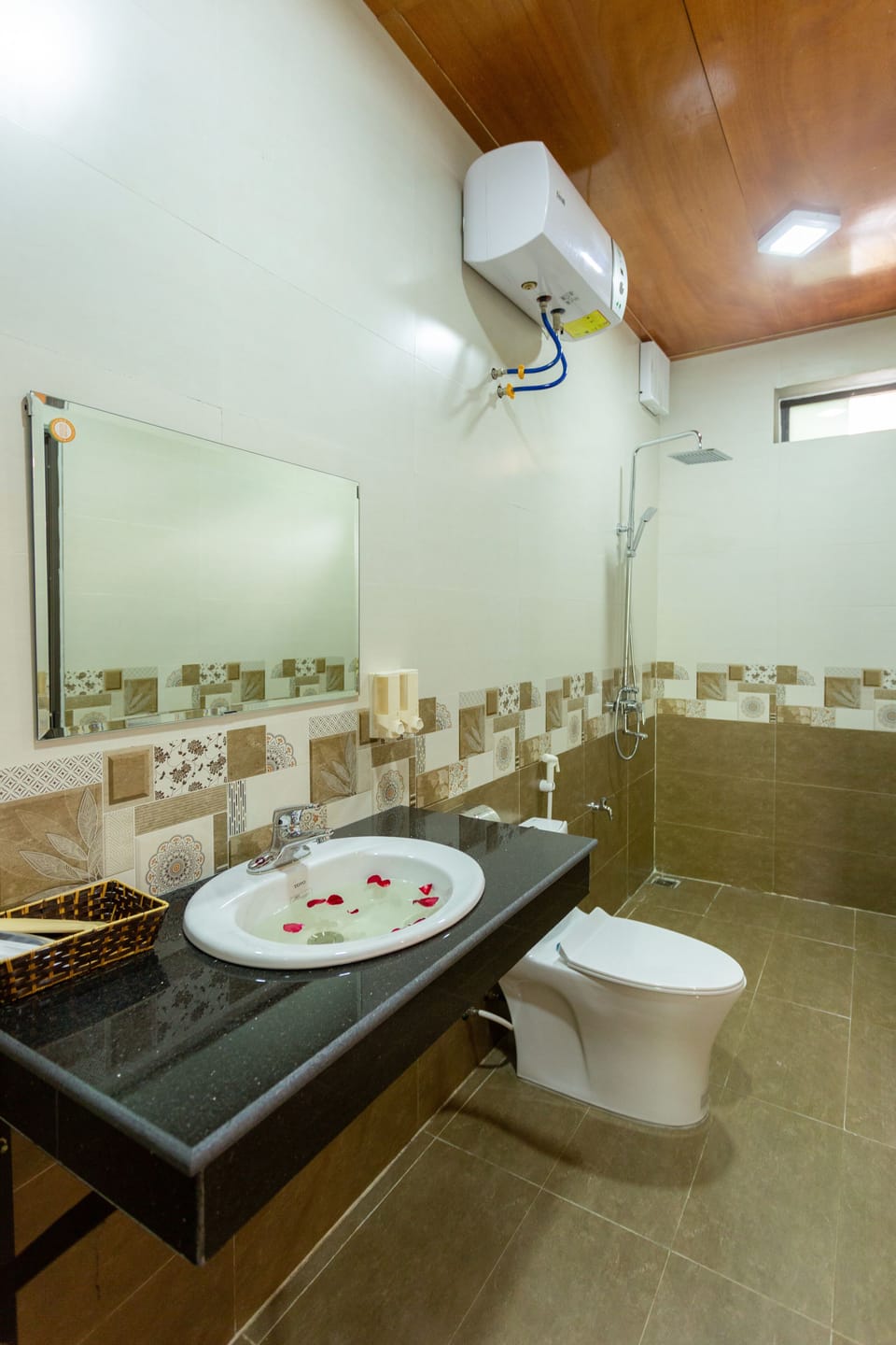 Shower, hydromassage showerhead, free toiletries, hair dryer