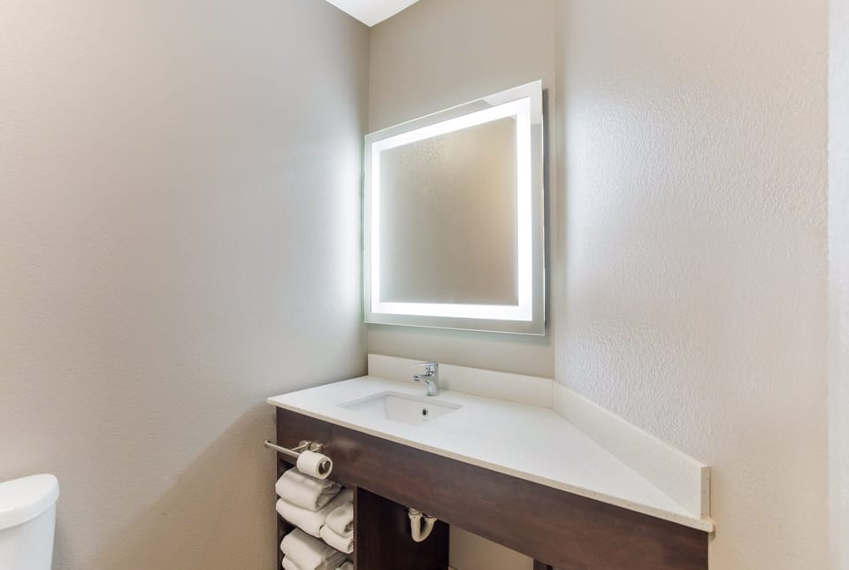 Combined shower/tub, free toiletries, hair dryer, towels