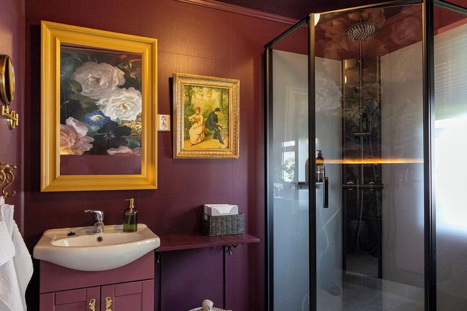 Shower, hair dryer, heated floors, towels