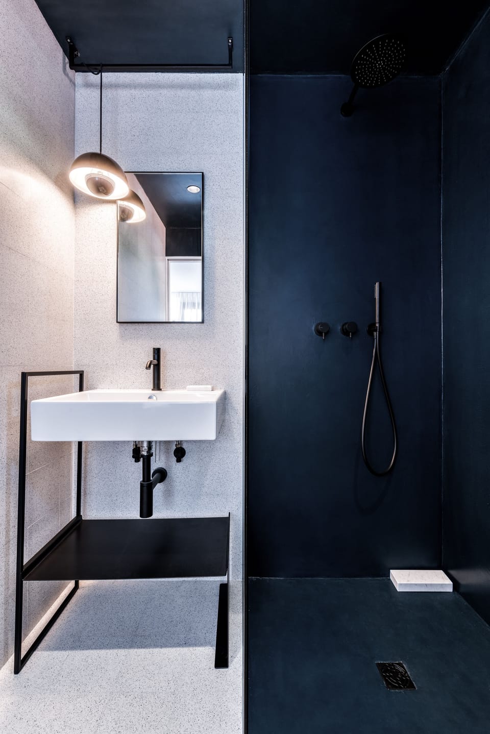 Shower, rainfall showerhead, hair dryer, towels