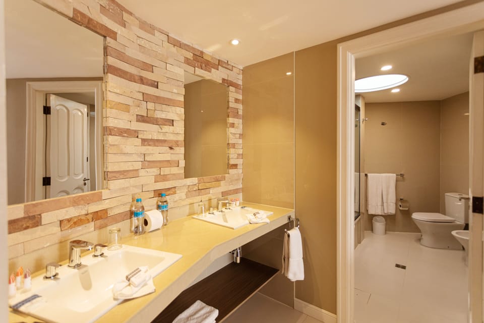 Combined shower/tub, rainfall showerhead, hair dryer, bathrobes