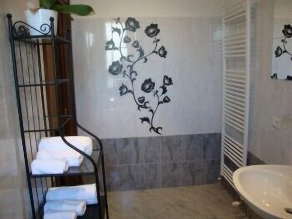 Shower, rainfall showerhead, free toiletries, hair dryer