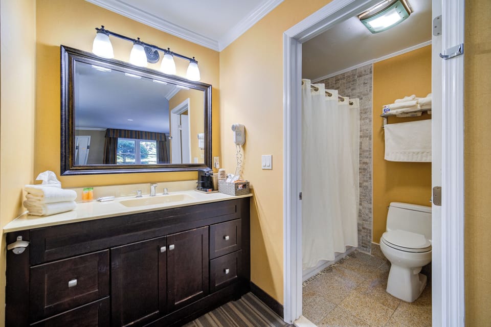 Standard Room, 2 Queen Beds, First or Second Floor | Bathroom | Combined shower/tub, rainfall showerhead, hair dryer, towels