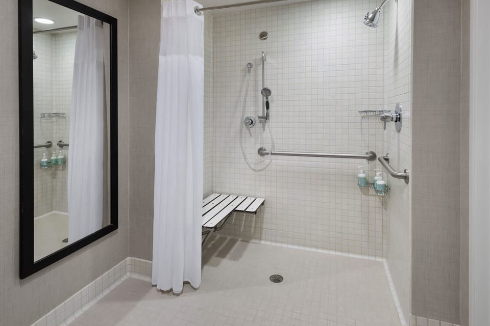 Studio, 1 King Bed with Sofa bed (Mobility/Hearing Access, Roll-In Shwr) | Bathroom | Combined shower/tub, free toiletries, towels