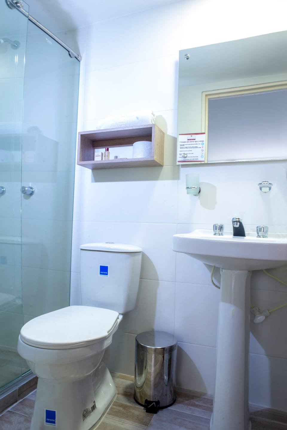 Shower, rainfall showerhead, free toiletries, hair dryer
