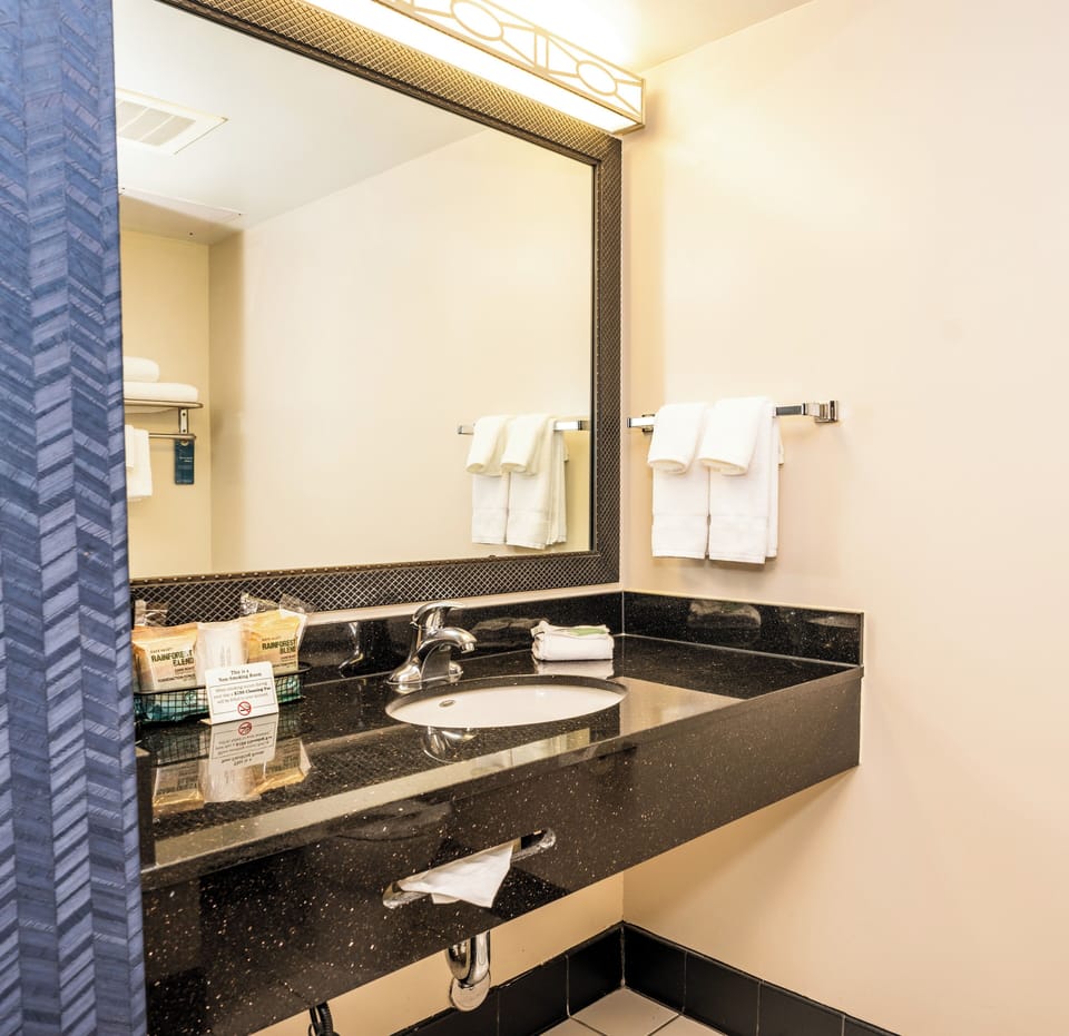 Combined shower/tub, free toiletries, hair dryer, towels