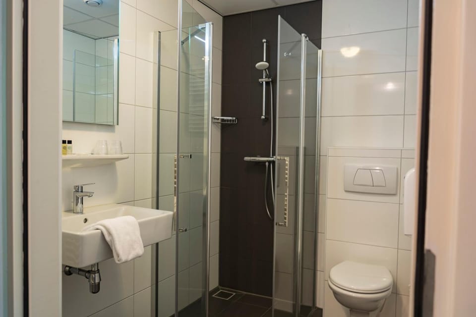 Shower, free toiletries, hair dryer, towels