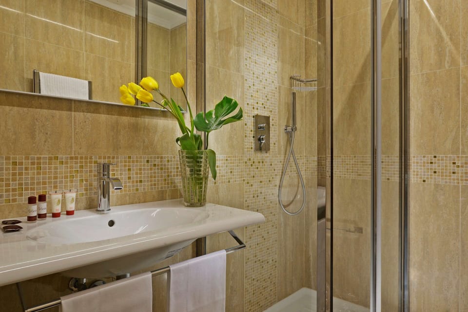 Shower, free toiletries, hair dryer, slippers